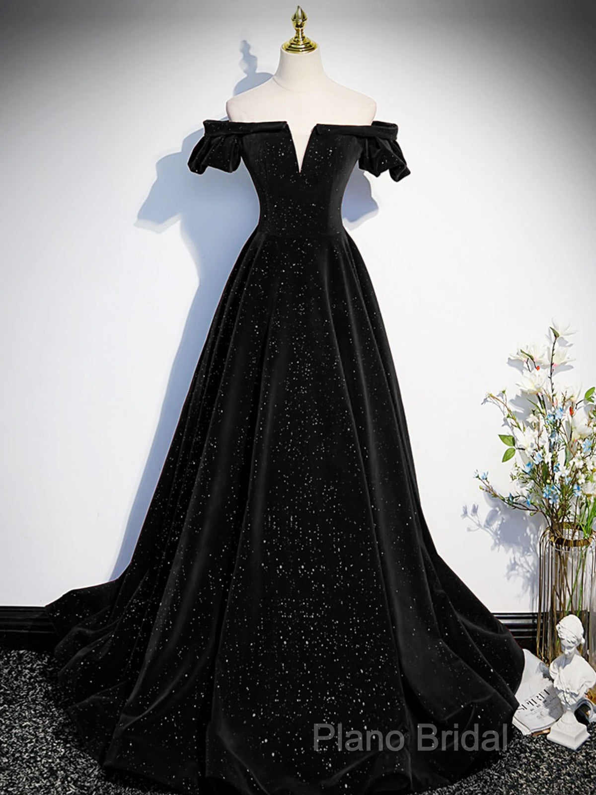 Off The Shoulder Green Black Long Formal Prom Dresses, Off Shoulder Green Black Formal Dresses
