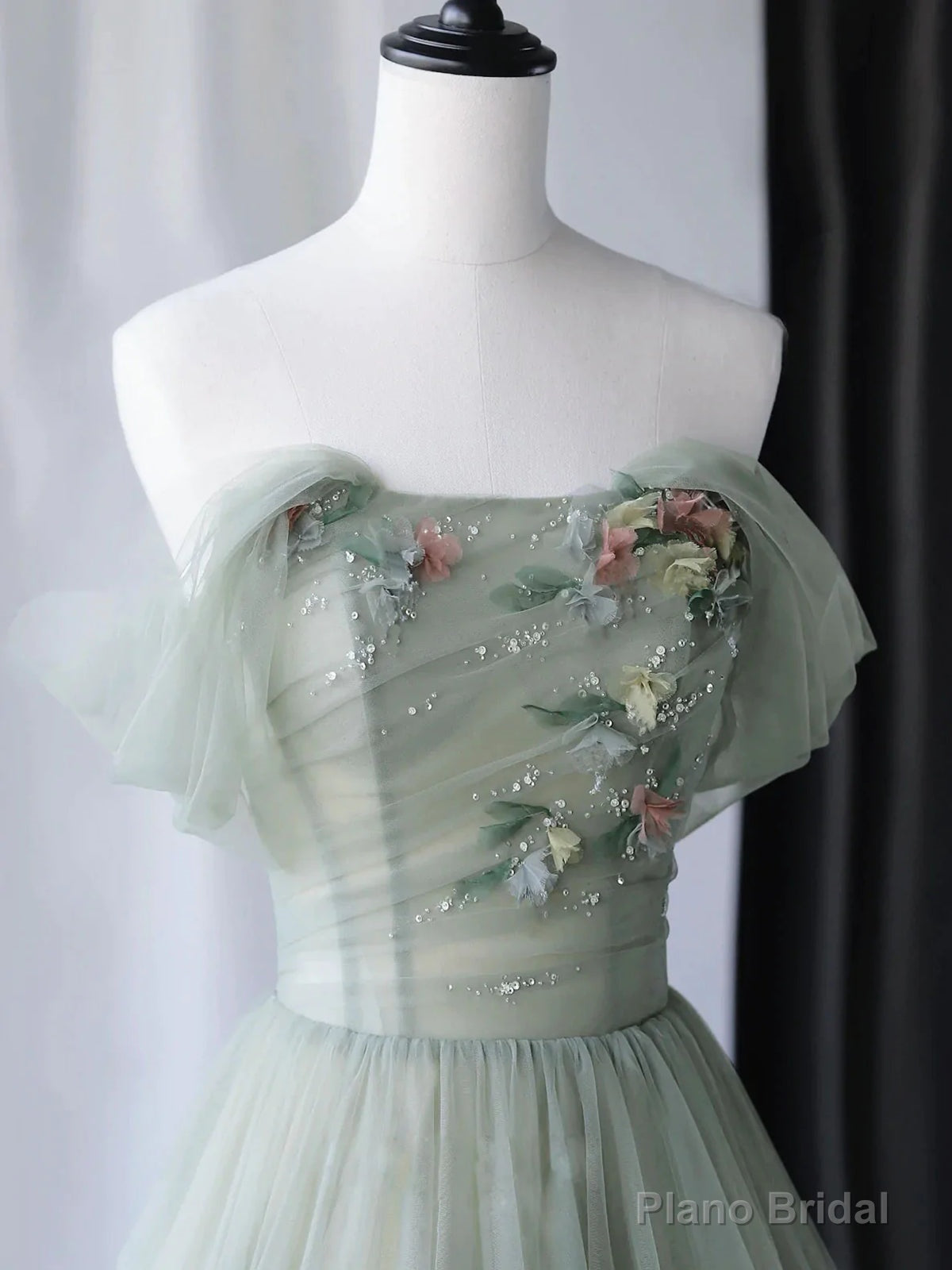 Off the Shoulder Green Floral Long Prom Dresses, Green Floral Long Formal Evening Dresses Secondary image