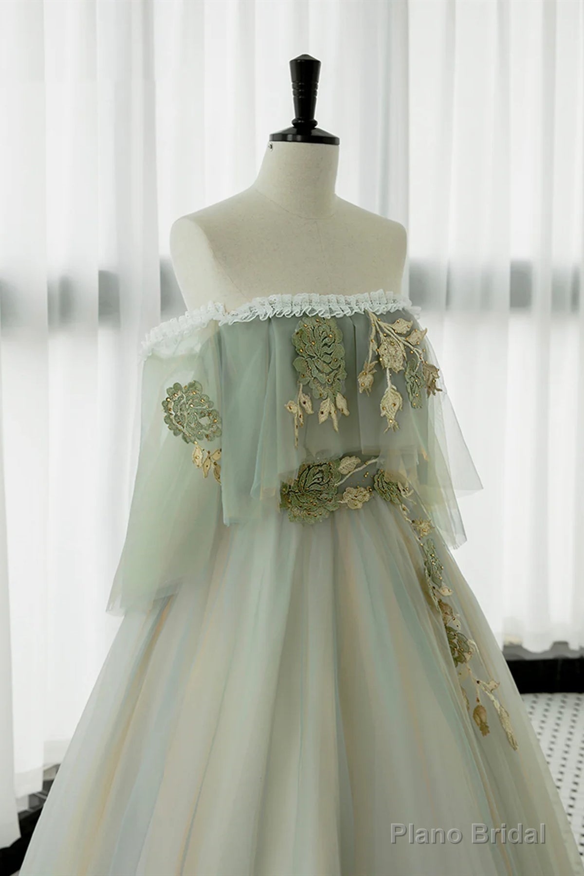 Off the Shoulder Green Lace Floral Prom Dresses, Green Tulle Floral Long Formal Evening Dresses