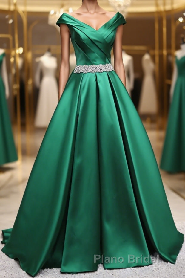 Off the Shoulder Green Long Formal Prom Dress with Corset Back, Off Shoulder Long Green Formal Evening Dresses Main image