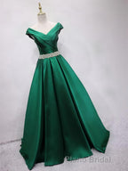 Off the Shoulder Green Long Formal Prom Dress with Corset Back, Off Shoulder Long Green Formal Evening Dresses