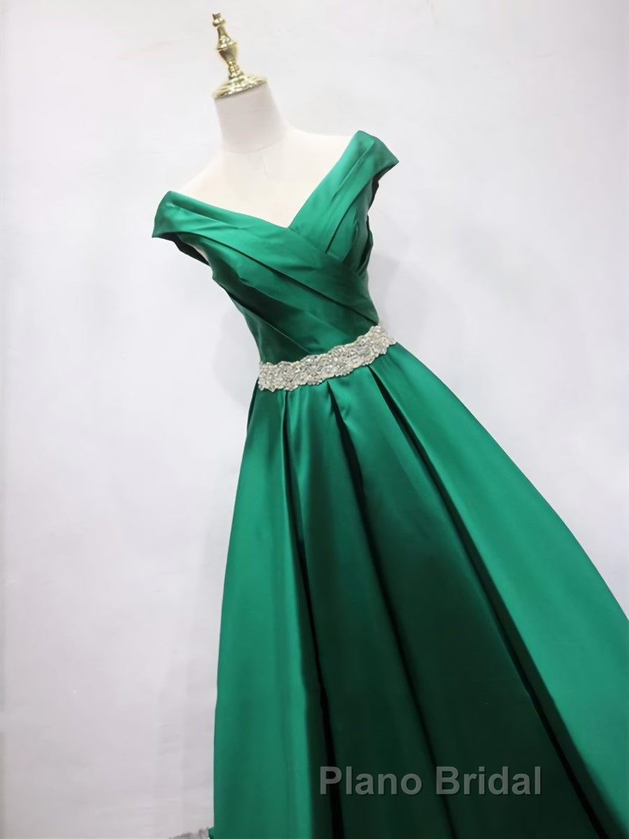 Off the Shoulder Green Long Formal Prom Dress with Corset Back, Off Shoulder Long Green Formal Evening Dresses