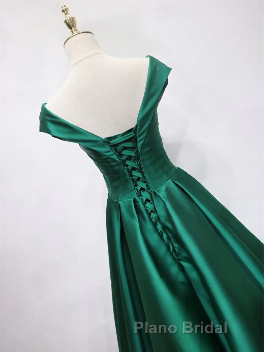 Off the Shoulder Green Long Formal Prom Dress with Corset Back, Off Shoulder Long Green Formal Evening Dresses