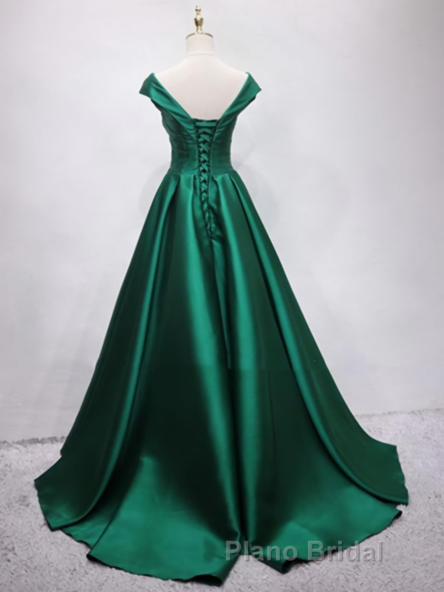 Off the Shoulder Green Long Formal Prom Dress with Corset Back, Off Shoulder Long Green Formal Evening Dresses