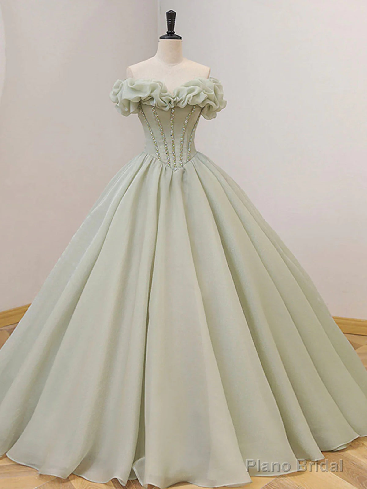 Off the Shoulder Green Tulle Beaded Prom Dresses, Green Beaded Off Shoulder Formal Evening Dresses Main image