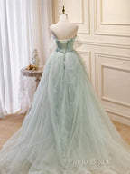 Off The Shoulder Green Tulle Long Formal Prom Dresses
