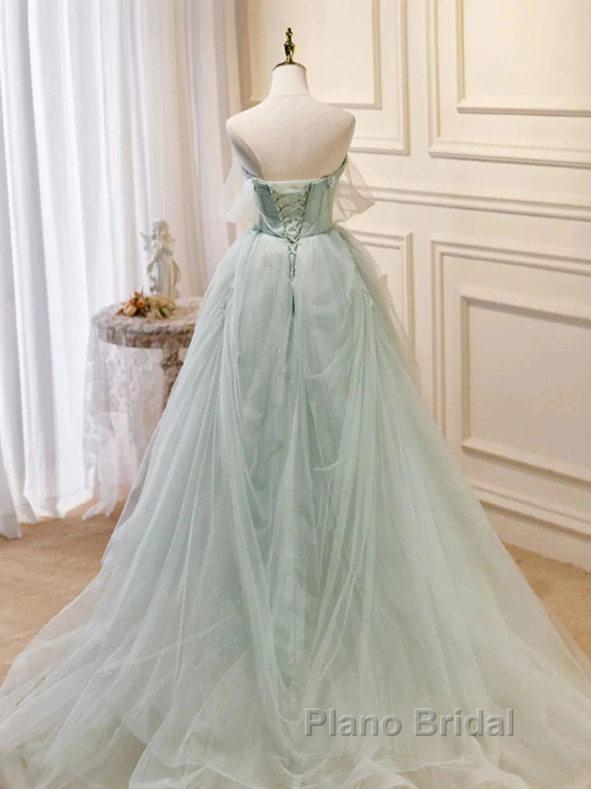 Off The Shoulder Green Tulle Long Formal Prom Dresses, Green Long Formal Evening Dresses