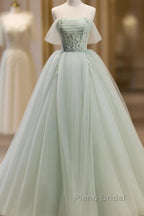 Off The Shoulder Green Tulle Long Formal Prom Dresses, Green Long Formal Evening Dresses