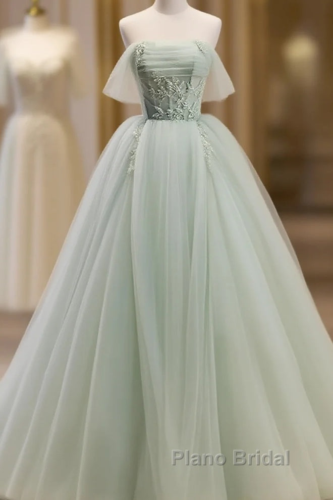 Off The Shoulder Green Tulle Long Formal Prom Dresses, Green Long Formal Evening Dresses