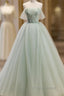 Off The Shoulder Green Tulle Long Formal Prom Dresses, Green Long Formal Evening Dresses