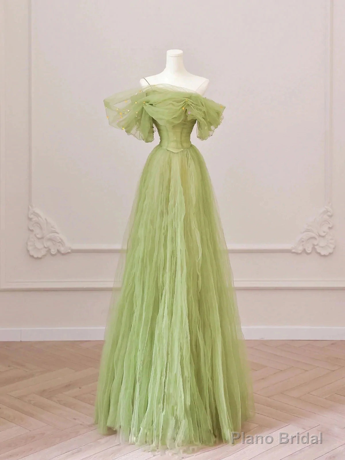 Off the Shoulder Green Tulle Long Prom Dresses, Green Tulle Long Formal Evening Dresses Main image