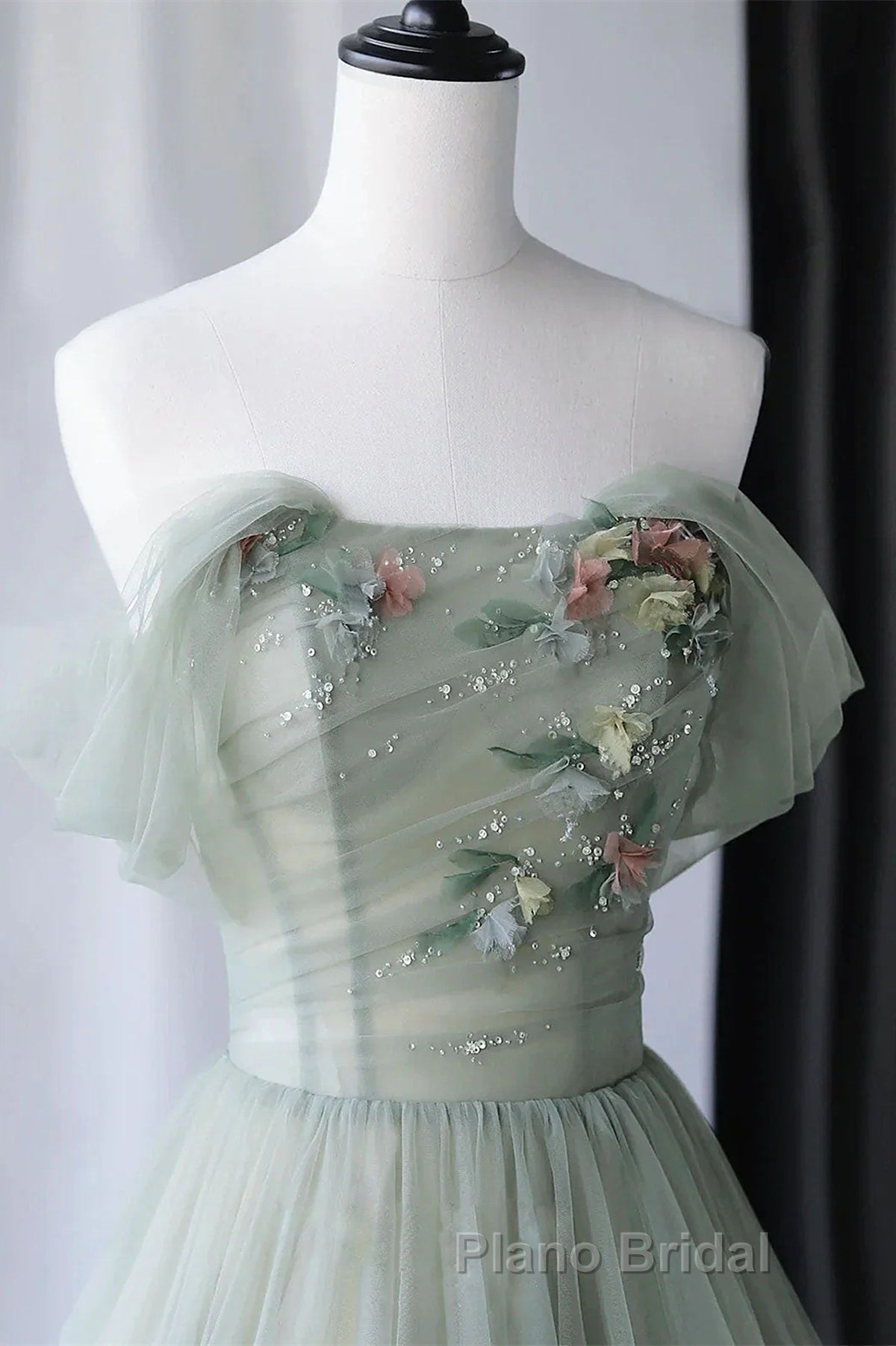Off the Shoulder Green Tulle Long Formal Prom Dresses, Green Tulle Off Shoulder Formal Evening Dresses Secondary image