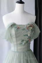 Off the Shoulder Green Tulle Long Formal Prom Dresses, Green Tulle Off Shoulder Formal Evening Dresses