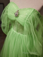 Off The Shoulder Green Tulle Long Formal Prom Dresses, Off Shoulder Green Long Formal Graduation Dresses
