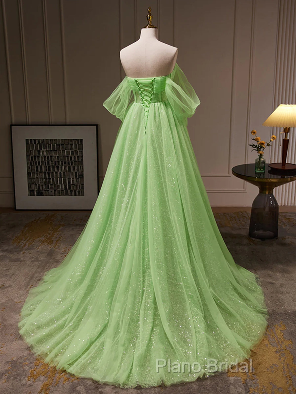 Off The Shoulder Green Tulle Long Formal Prom Dresses, Off Shoulder Green Long Formal Graduation Dresses