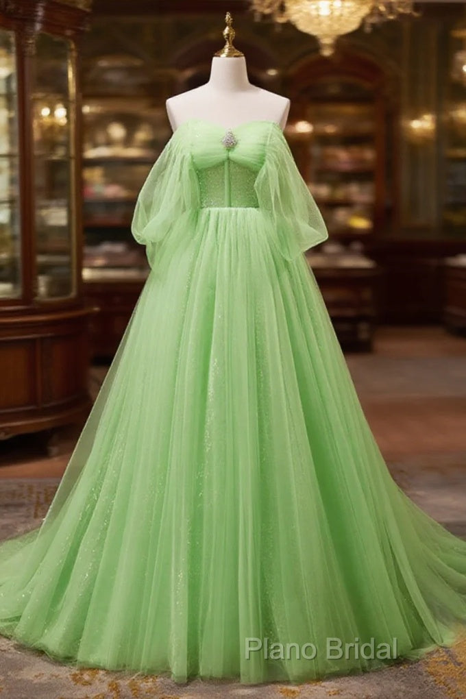 Off The Shoulder Green Tulle Long Formal Prom Dresses, Off Shoulder Green Long Formal Graduation Dresses Main image