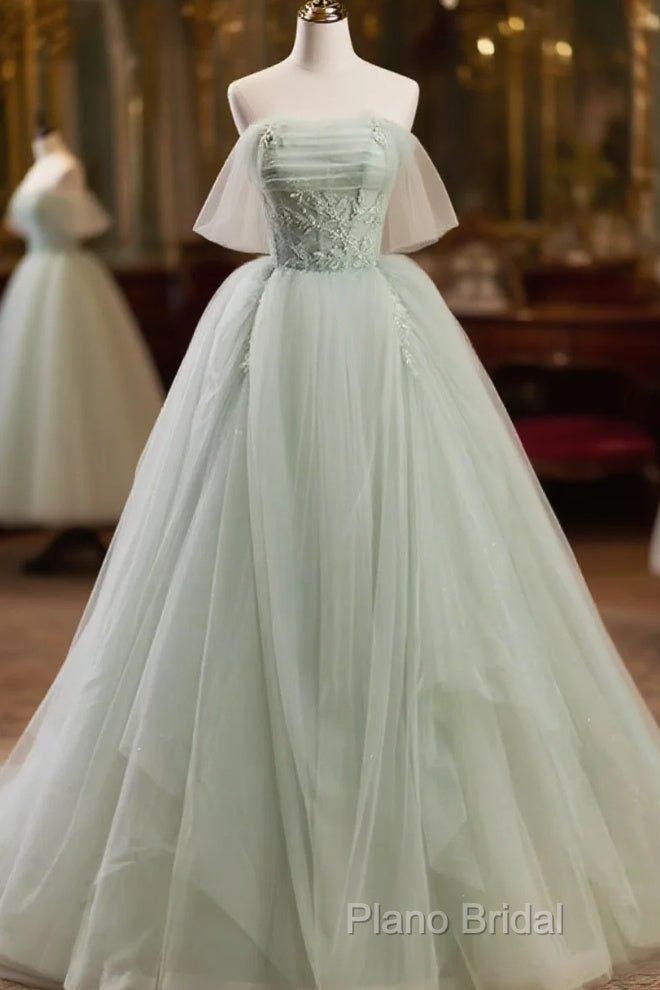 Off The Shoulder Green Tulle Long Formal Prom Dresses Main image