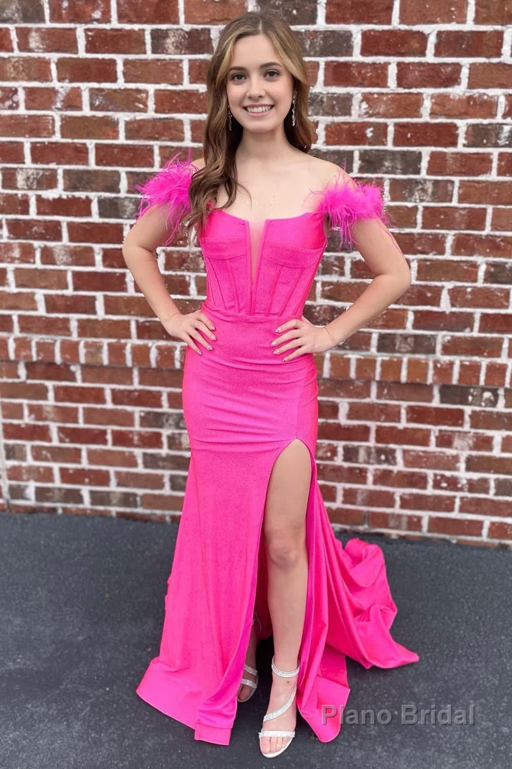 Off The Shoulder Hot Pink Mermaid Long Prom Dress with Feathers Main image