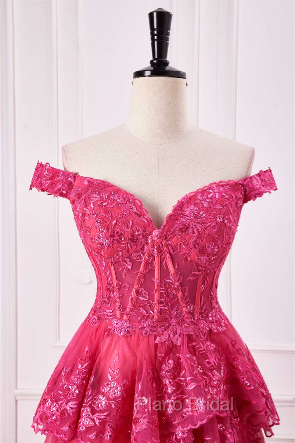 Off The Shoulder Hot Pink Sequin Tiered Formal Prom Dresses With Slit