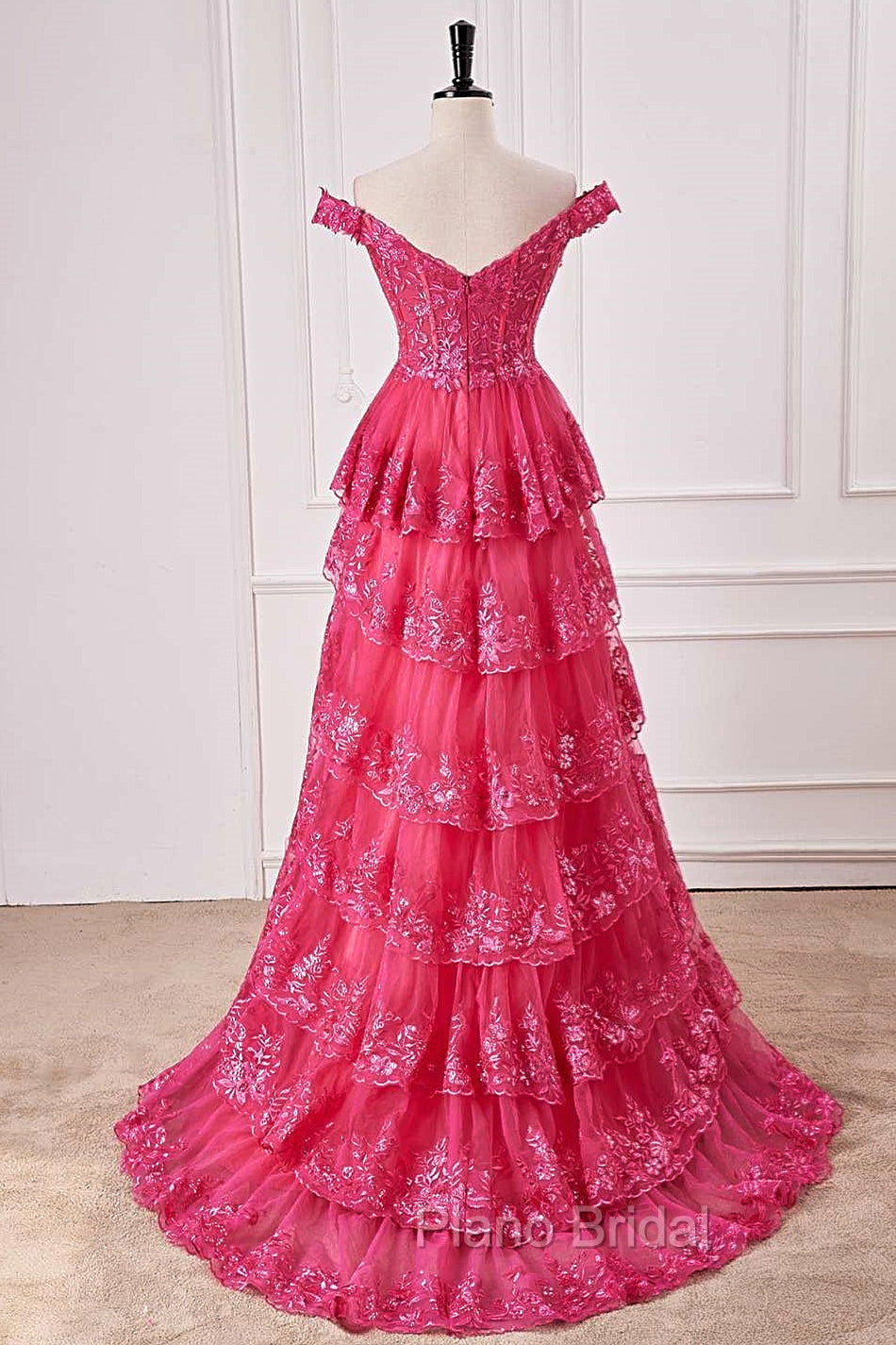 Off The Shoulder Hot Pink Sequin Tiered Formal Prom Dresses With Slit