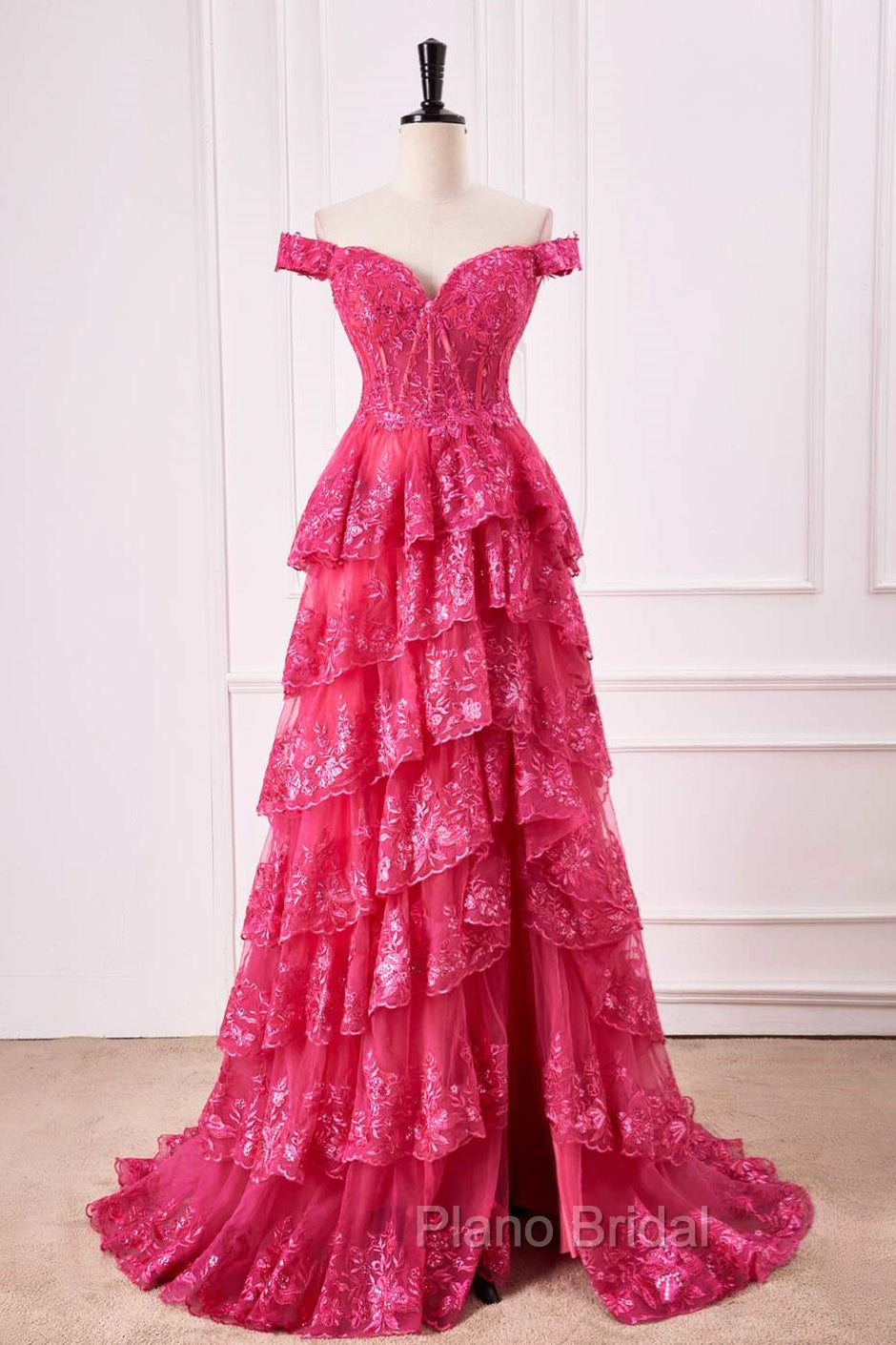 Off The Shoulder Hot Pink Sequin Tiered Formal Prom Dresses With Slit
