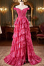 Off The Shoulder Hot Pink Sequin Tiered Formal Prom Dresses With Slit