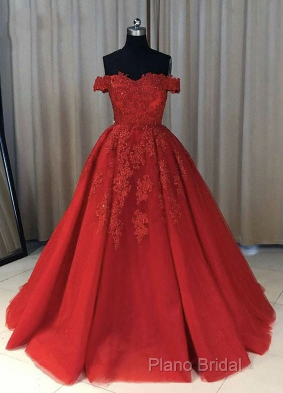 Off The Shoulder Lace Red Formal Prom Dresses A Line Sequin Formal Gowns