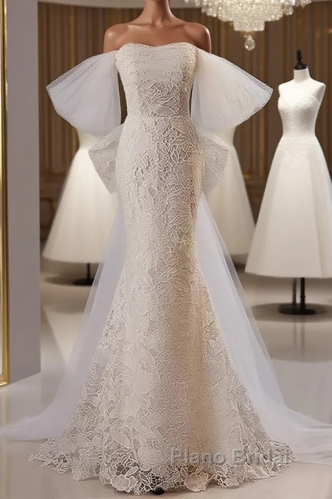 Off The Shoulder Lace Trumpet Mermaid Wedding Dresses With Bow