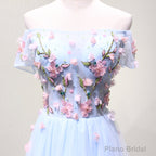Off the Shoulder Light Blue Floral Long Prom Dresses, Off Shoulder Light Blue Formal Evening Dresses