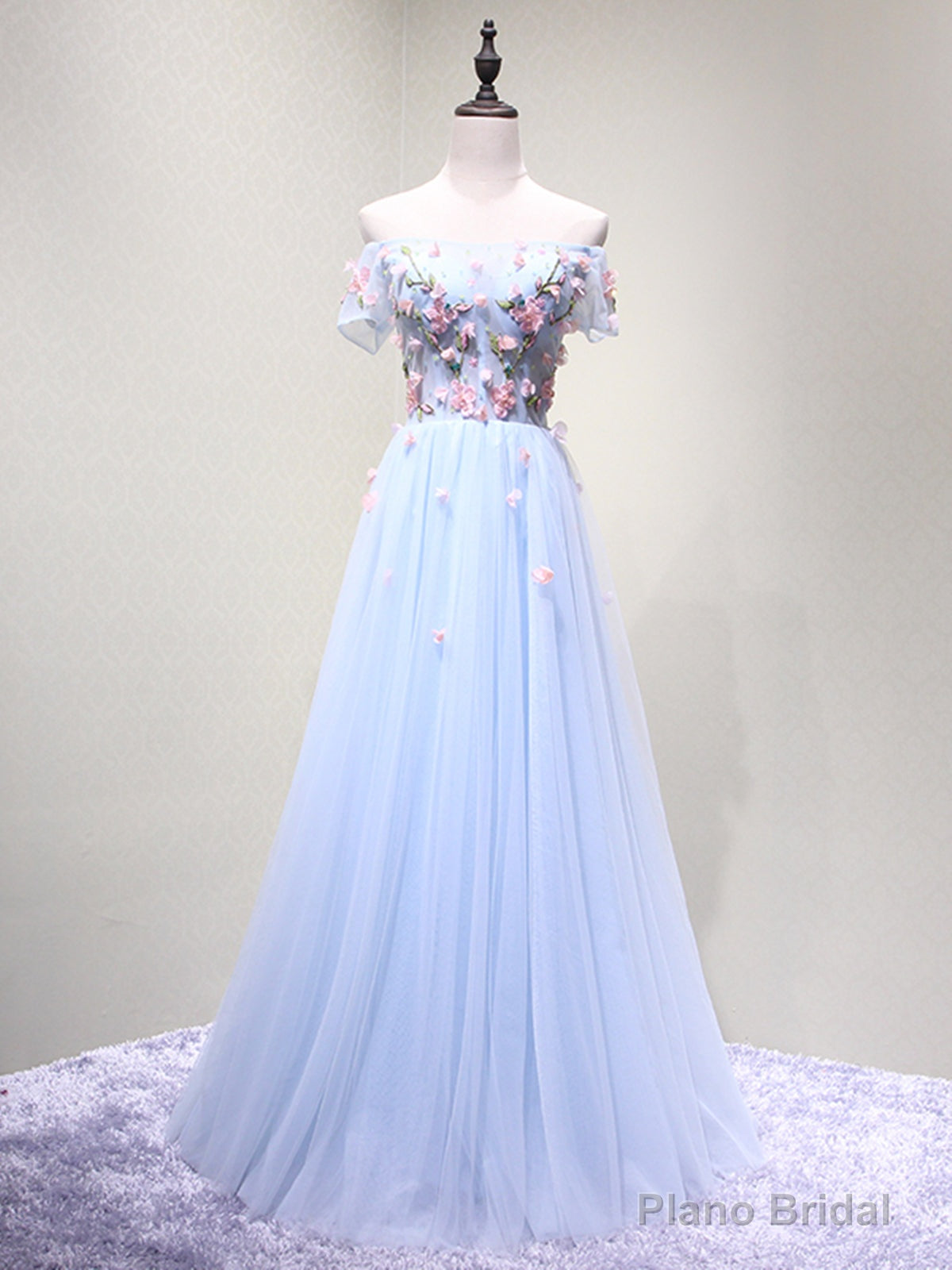 Off the Shoulder Light Blue Floral Long Prom Dresses, Off Shoulder Light Blue Formal Evening Dresses