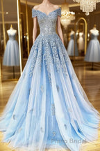 Off the Shoulder Light Blue Lace Formal Prom Dresses, Off the Shoulder Blue Lace Formal Evening Dresses