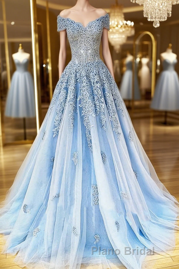 Off the Shoulder Light Blue Lace Formal Prom Dresses, Off the Shoulder Blue Lace Formal Evening Dresses Main image