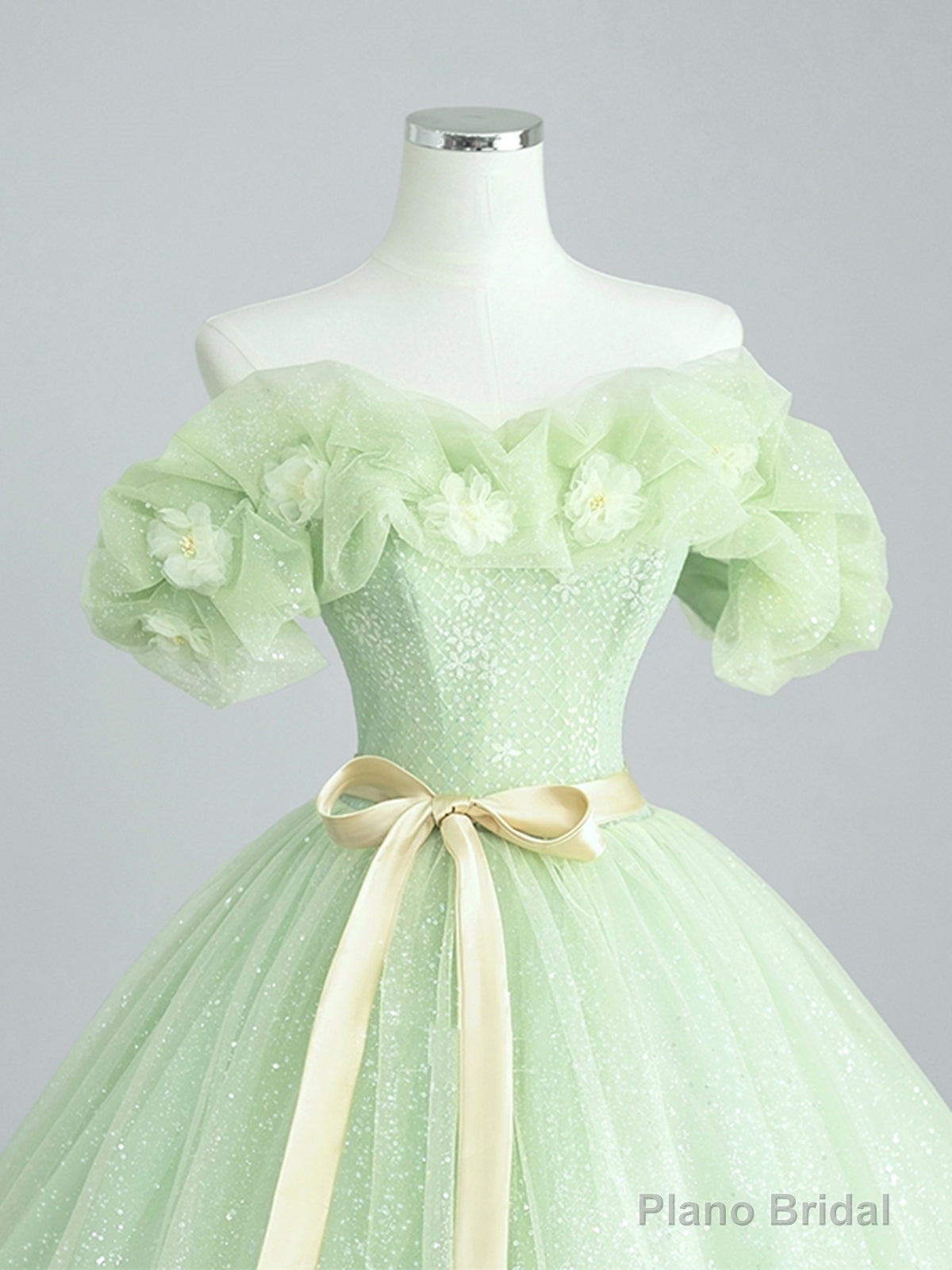 Off the Shoulder Light Green Floral Prom Dresses, Green Floral Formal Graduation Dress Secondary image