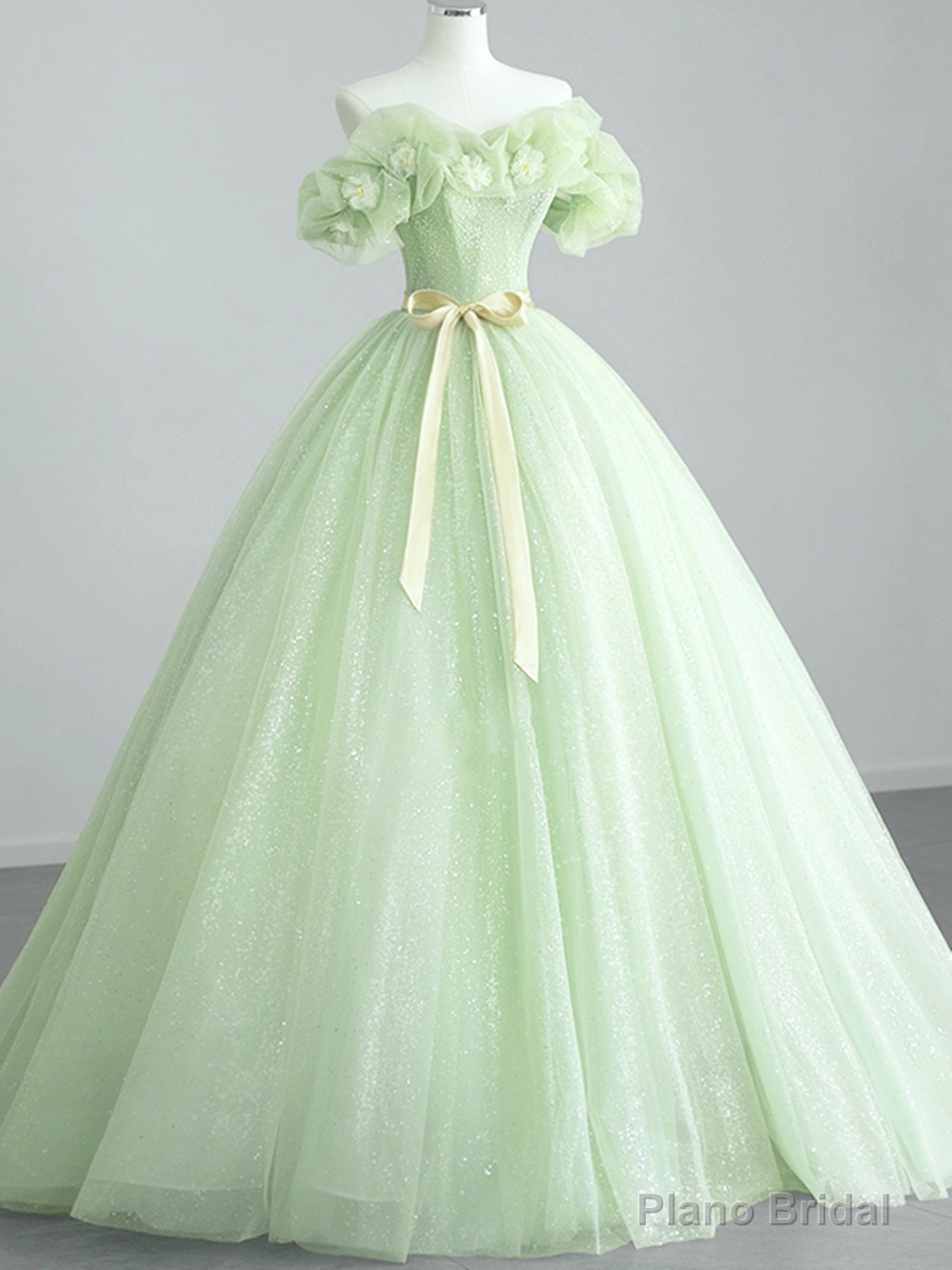 Off the Shoulder Light Green Floral Prom Dresses, Green Floral Formal Graduation Dress Main image