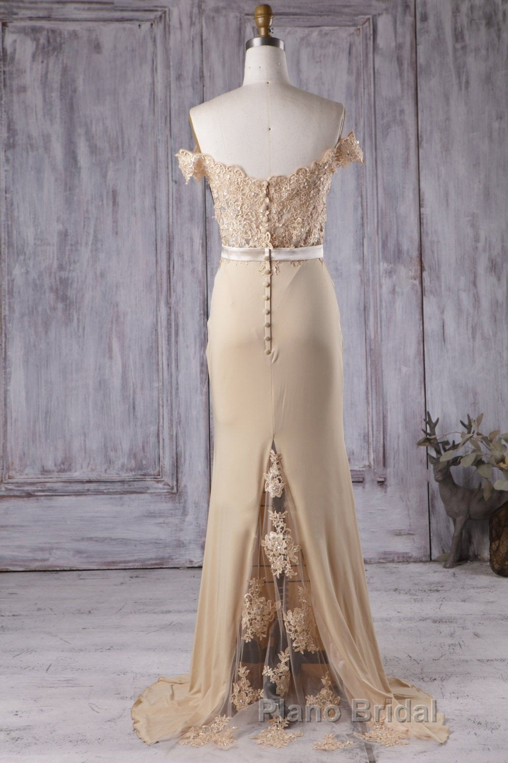 Off the Shoulder Mermaid Champagne Lace Long Formal Prom Dress, Off Shoulder Mermaid Champagne Formal Graduation Evening Dress, Mermaid Champagne Lace Bridesmaid Dress Secondary image