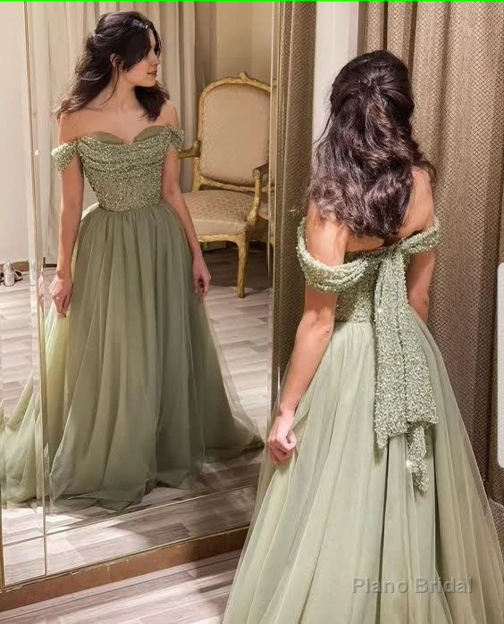Off the Shoulder Mint Green Prom Dress Beaded Long Prom Dresses, Off Shoulder Green Long Formal Evening Dresses Secondary image