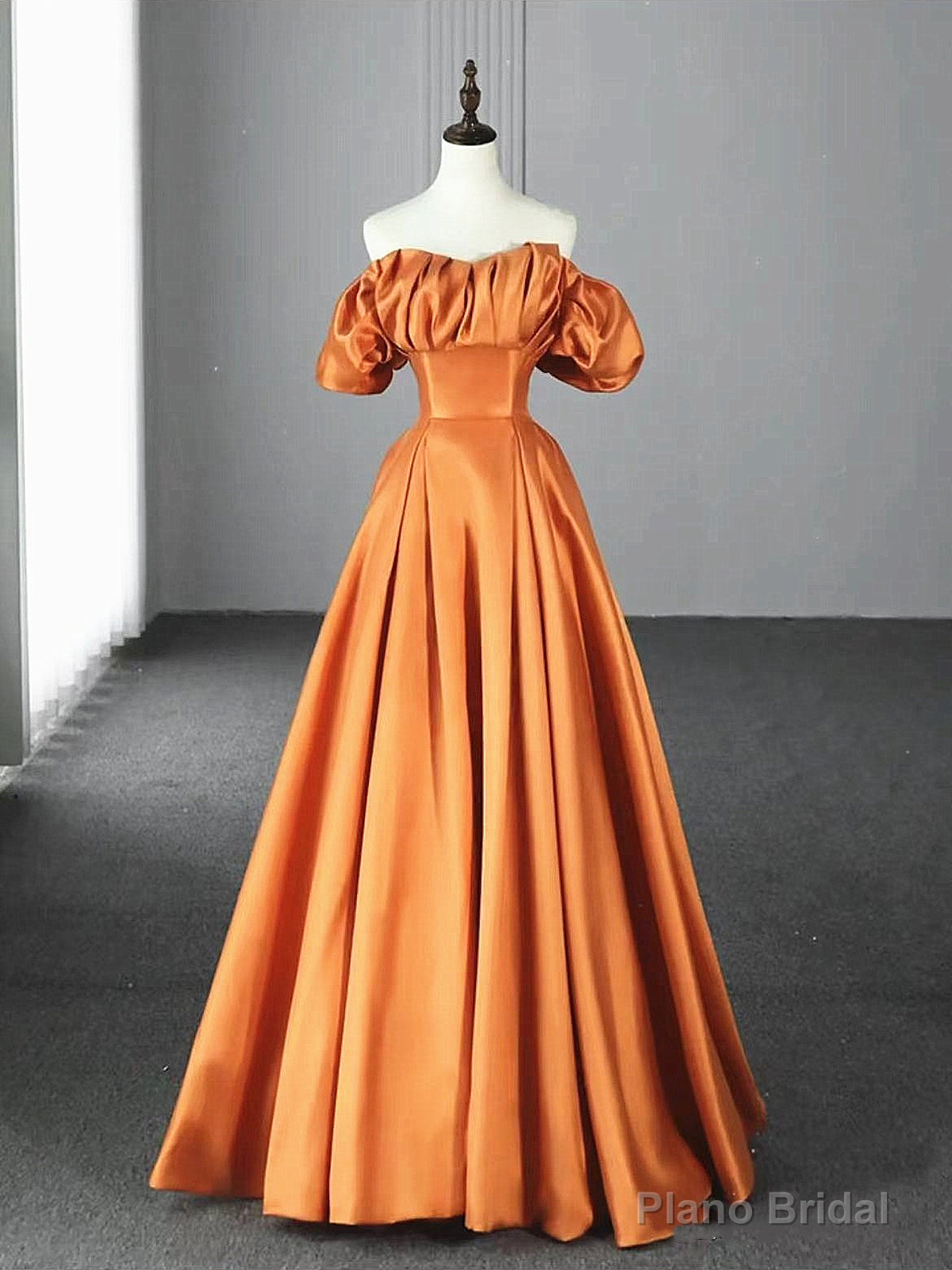 Off the Shoulder Orange Satin Long Prom Dresses, Orange Long Satin Formal Evening Dresses