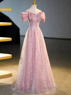 Off The Shoulder Pink Sequin Sparkle Formal Prom Dresses