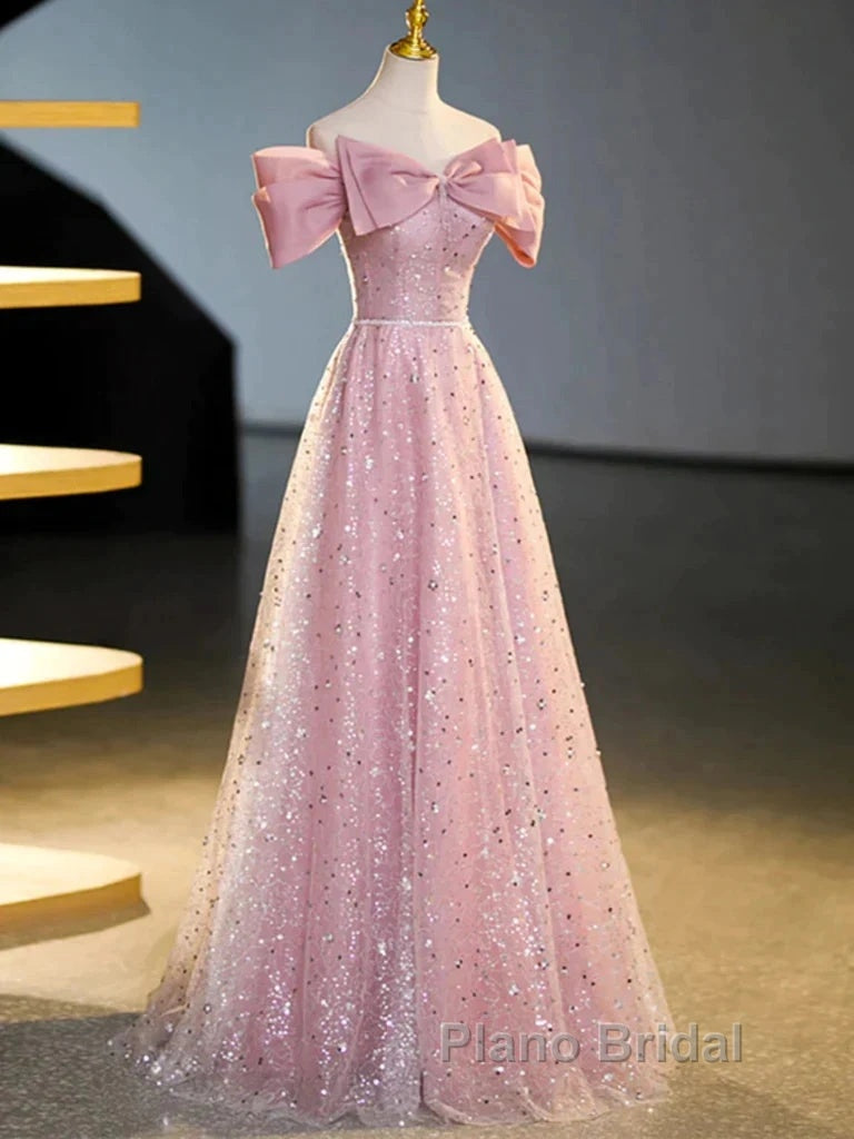 Off The Shoulder Pink Sequin Sparkle Formal Prom Dresses