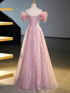 Off The Shoulder Pink Sequin Sparkle Formal Prom Dresses