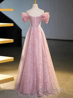 Off The Shoulder Pink Sequin Sparkle Formal Prom Dresses