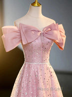 Off The Shoulder Pink Sequin Sparkle Formal Prom Dresses