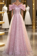 Off The Shoulder Pink Sequin Sparkle Formal Prom Dresses