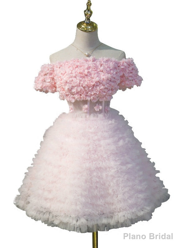 Off The Shoulder Pink Short Sleeve Ruffle Homecoming Dresses Main image