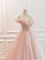Off the Shoulder Pink Tulle Beaded Long Prom Dresses, Pink Tulle Long Formal Dress