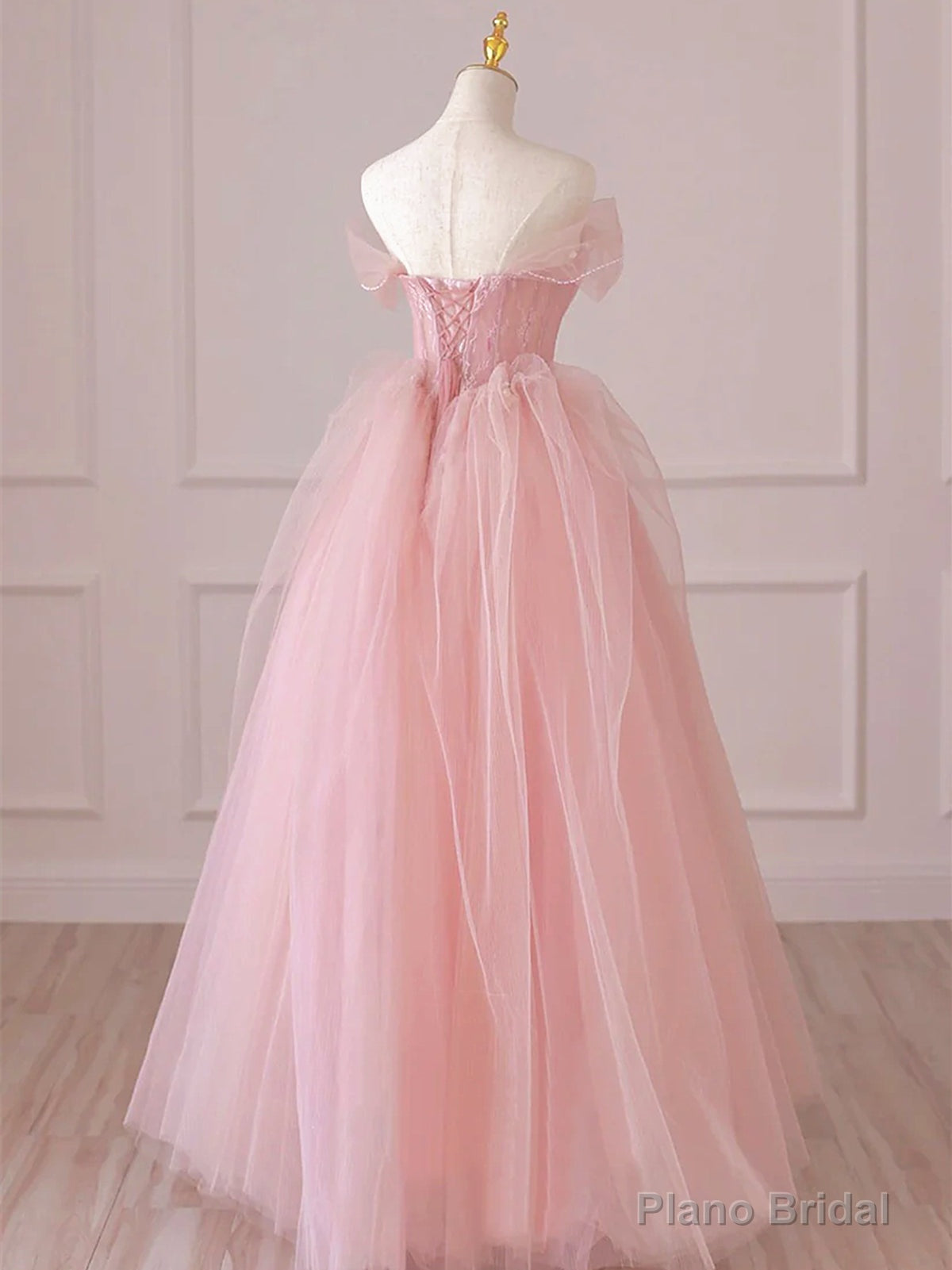 Off the Shoulder Pink Tulle Long Prom Dresses, Pink Tulle Long Formal Evening Dresses Secondary image