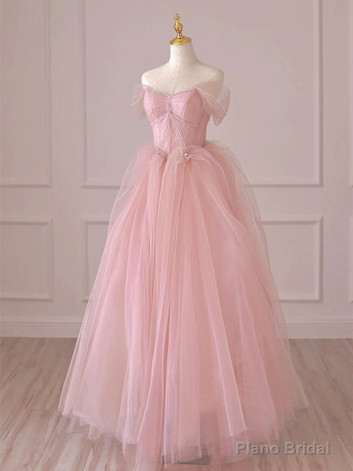Off the Shoulder Pink Tulle Long Prom Dresses, Pink Tulle Long Formal Evening Dresses