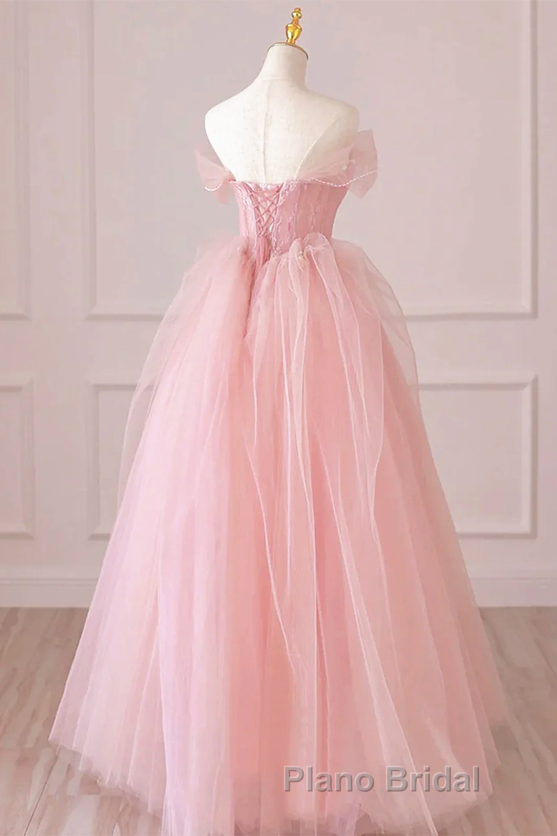 Off the Shoulder Pink Tulle Formal Prom Dresses, Pink Tulle Long Formal Graduation Dresses Main image