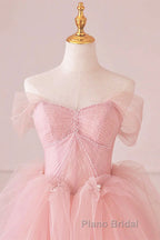 Off the Shoulder Pink Tulle Formal Prom Dresses, Pink Tulle Long Formal Graduation Dresses