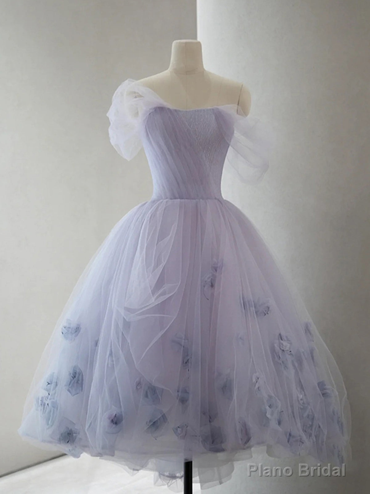Off the Shoulder Purple High Low Tulle Prom Dresses, High Low Purple Tulle Formal Graduation Dresses Main image